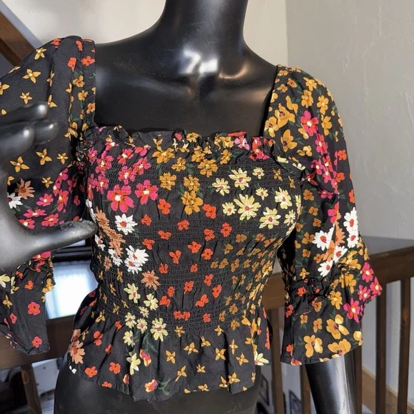 Patrons Of Peace Smocked Peasant Black Top Vibrant Flower Tiered Bell Sleeves XS - Picture 2 of 10